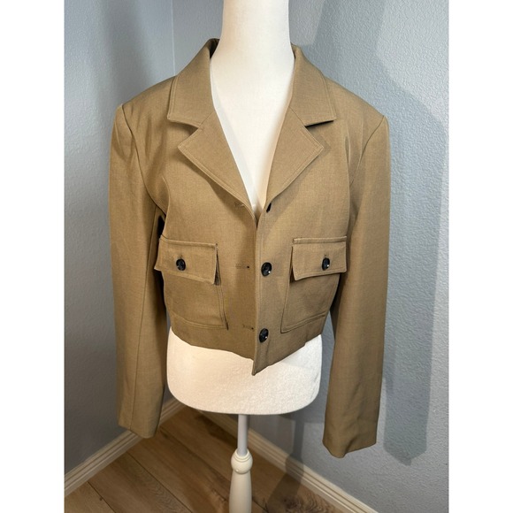 U-P Fashion Cropped Blazer Jacket Tan Two Button Utility Pockets Medium - Picture 1 of 8